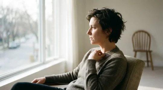 Adulte pensif près d'une fenêtre, symbolisant la prise de conscience de l'héritage émotionnel parental