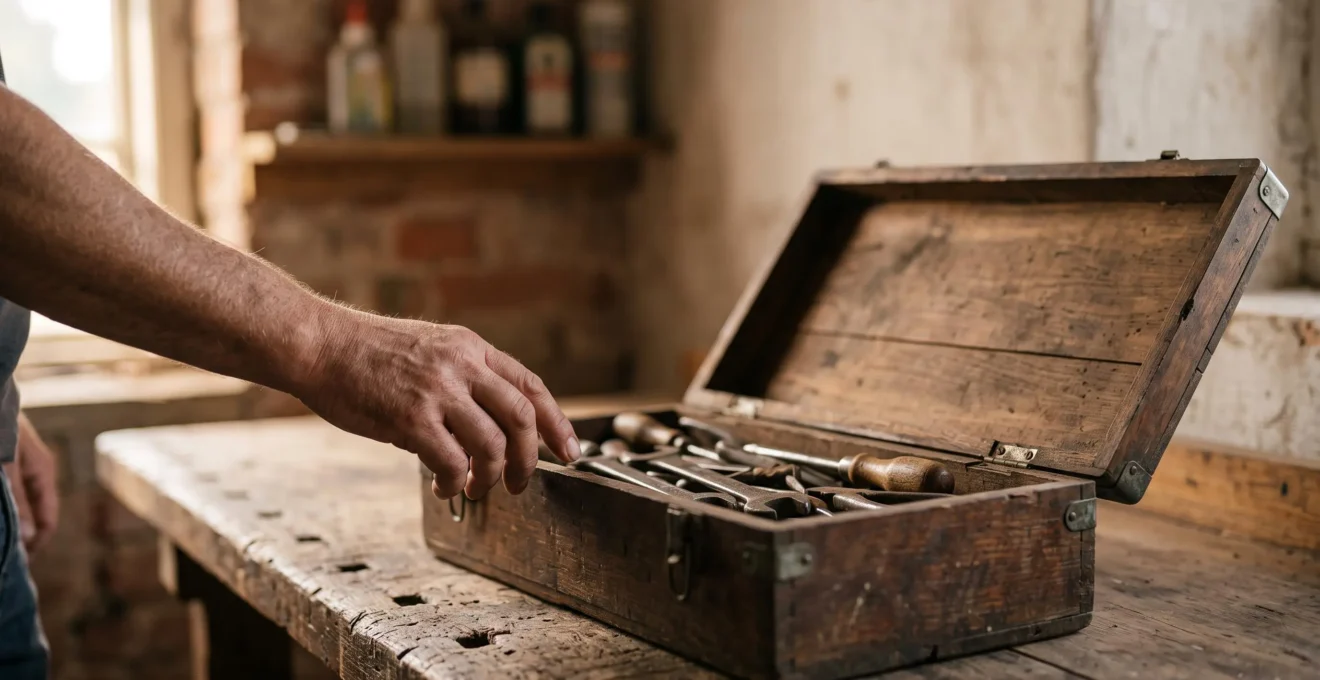 Une main ouvrant symboliquement une ancienne boite a outils en bois, evoquant les ressources mentales pour affronter une epreuve de vie