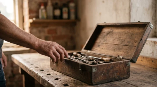 Une main ouvrant symboliquement une ancienne boite a outils en bois, evoquant les ressources mentales pour affronter une epreuve de vie