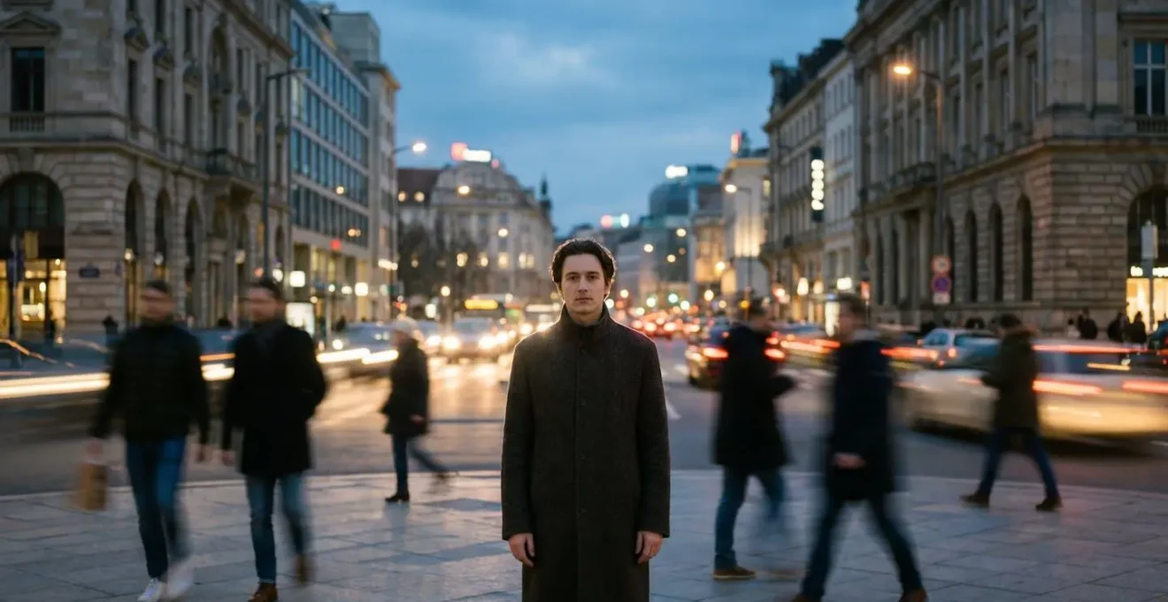 Une silhouette immobile et nette au centre d'une foule urbaine floue en mouvement, symbolisant la recherche d'une boussole intérieure au milieu du bruit extérieur.