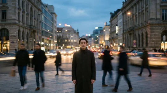 Une silhouette immobile et nette au centre d'une foule urbaine floue en mouvement, symbolisant la recherche d'une boussole intérieure au milieu du bruit extérieur.