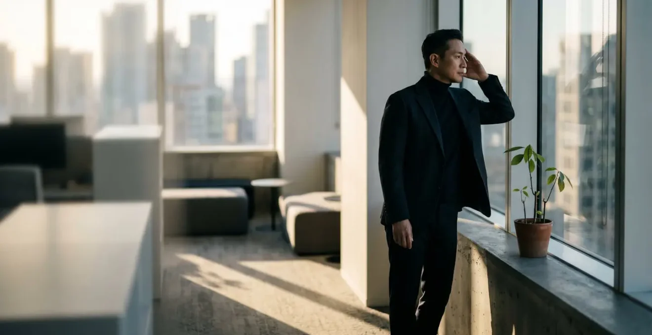 Silhouette d'une personne en pleine réflexion dans un bureau lumineux, symbolisant l'apprentissage continu malgré un emploi du temps chargé