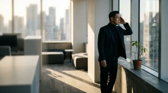 Silhouette d'une personne en pleine réflexion dans un bureau lumineux, symbolisant l'apprentissage continu malgré un emploi du temps chargé