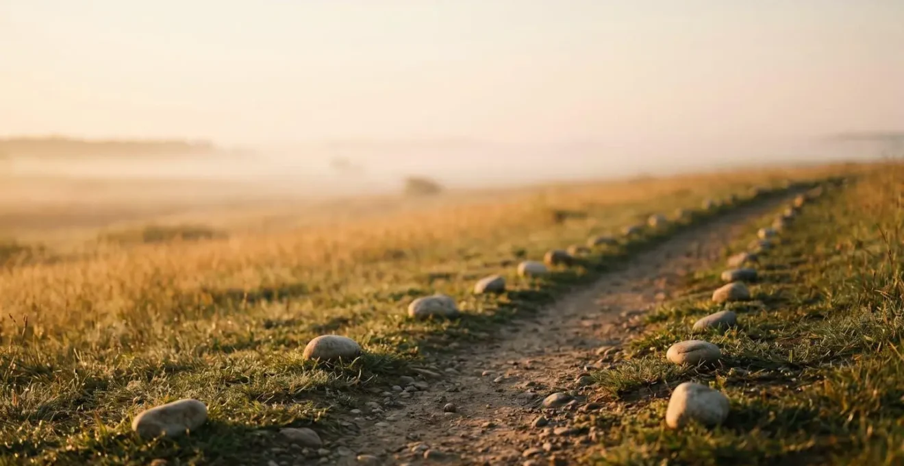 Un chemin qui émerge d'un horizon flou vers des jalons nets et éclairés, symbolisant la transformation d'une intention vague en plan d'action daté