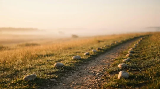 Un chemin qui émerge d'un horizon flou vers des jalons nets et éclairés, symbolisant la transformation d'une intention vague en plan d'action daté