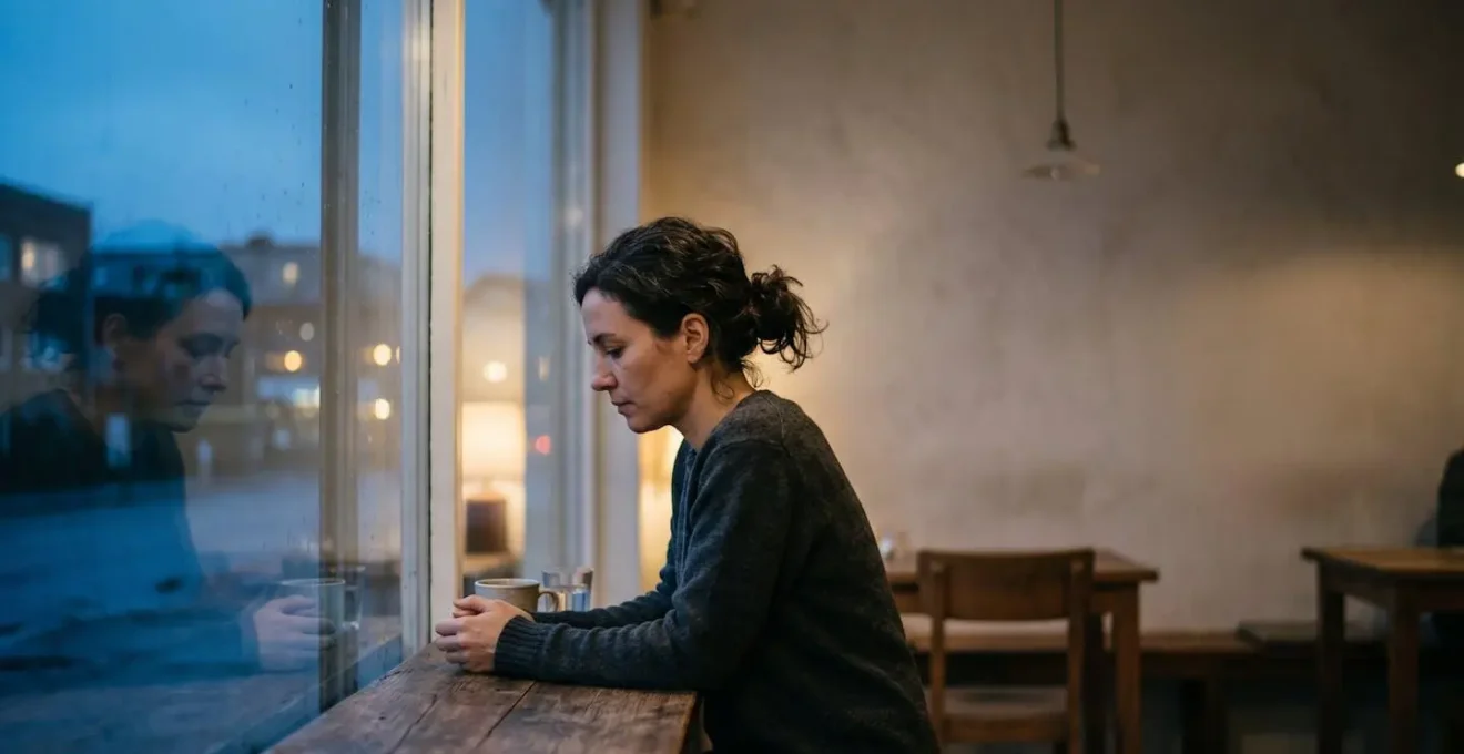 Une personne assise seule près d'une fenêtre au crépuscule, plongée dans une réflexion intérieure profonde