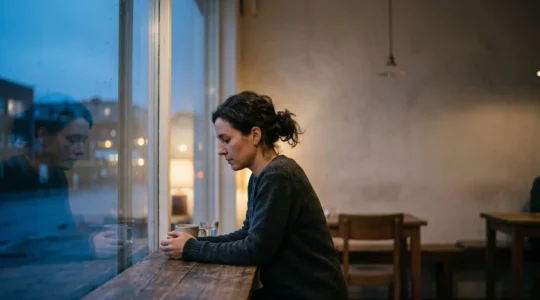 Une personne assise seule près d'une fenêtre au crépuscule, plongée dans une réflexion intérieure profonde