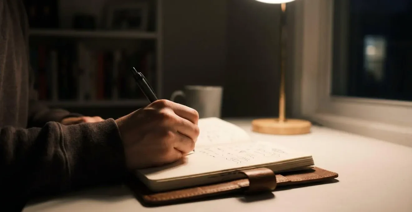 Une main écrivant dans un carnet intime à la lumière tamisée d'une lampe, dans une atmosphère de confidentialité et d'introspection.