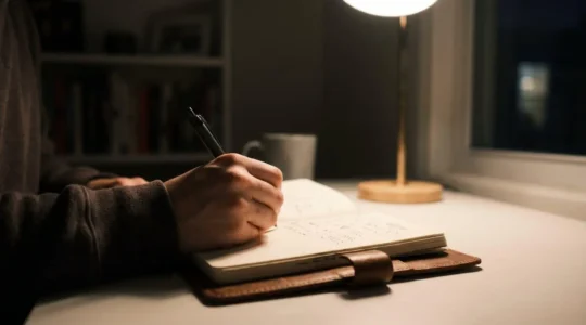 Une main écrivant dans un carnet intime à la lumière tamisée d'une lampe, dans une atmosphère de confidentialité et d'introspection.