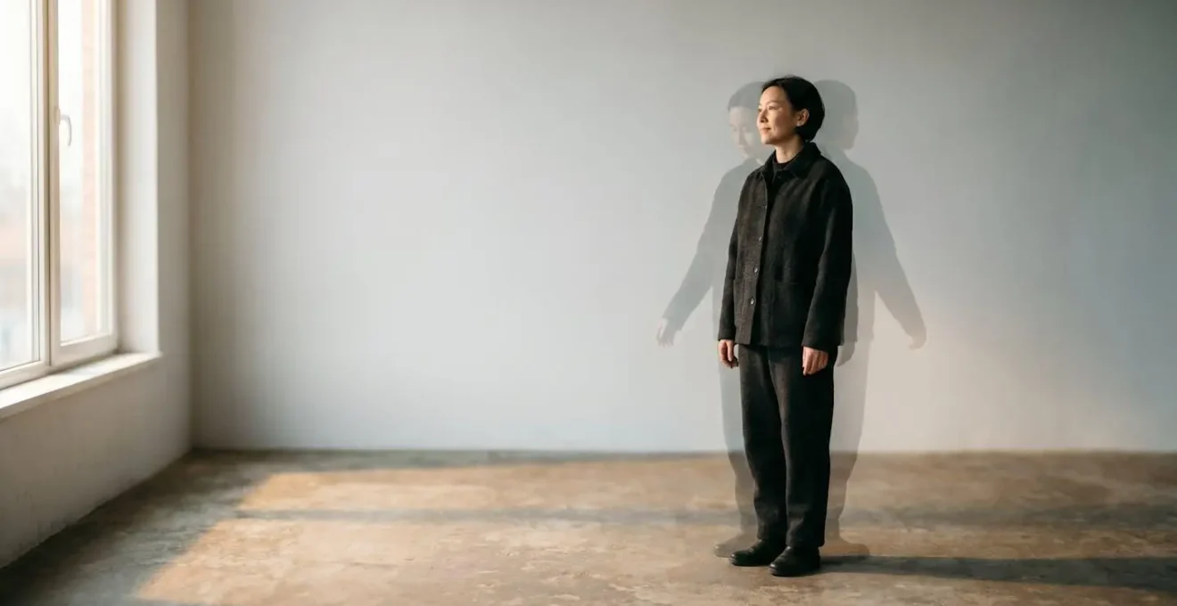 Silhouette d'une personne debout face à la lumière du matin, entourée de traces superposées suggérant ses anciennes versions, symbole d'une transformation intérieure sur une année