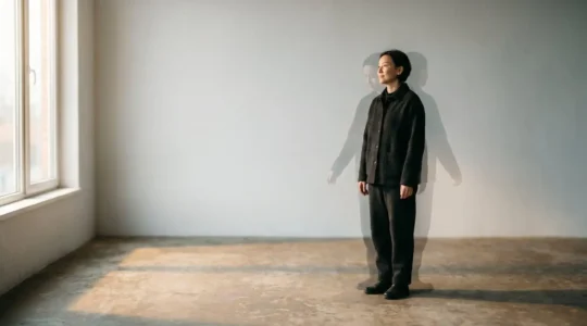Silhouette d'une personne debout face à la lumière du matin, entourée de traces superposées suggérant ses anciennes versions, symbole d'une transformation intérieure sur une année