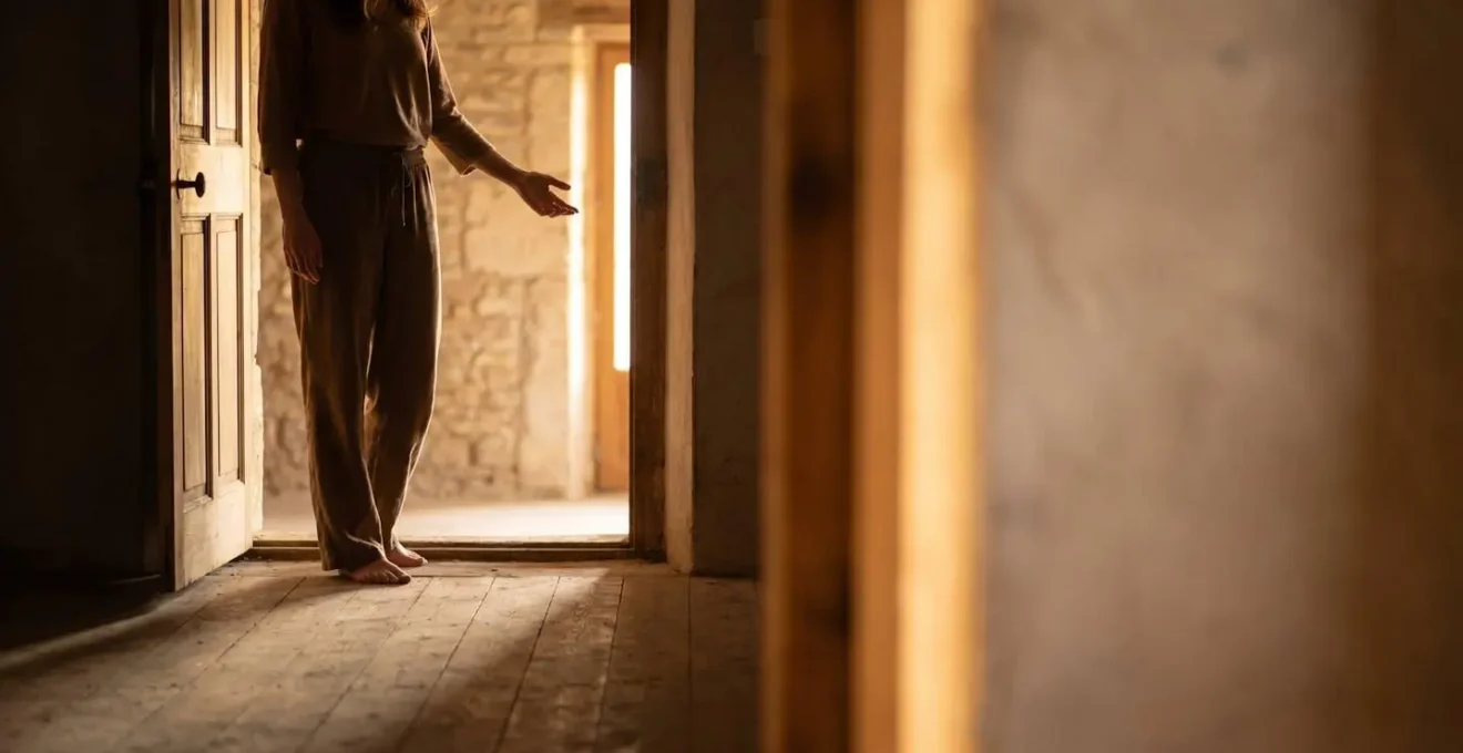 Une personne se tient dans l'embrasure d'une porte, main tendue en signe d'expression calme d'un besoin