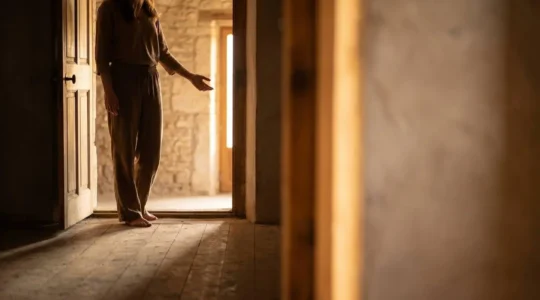 Une personne se tient dans l'embrasure d'une porte, main tendue en signe d'expression calme d'un besoin