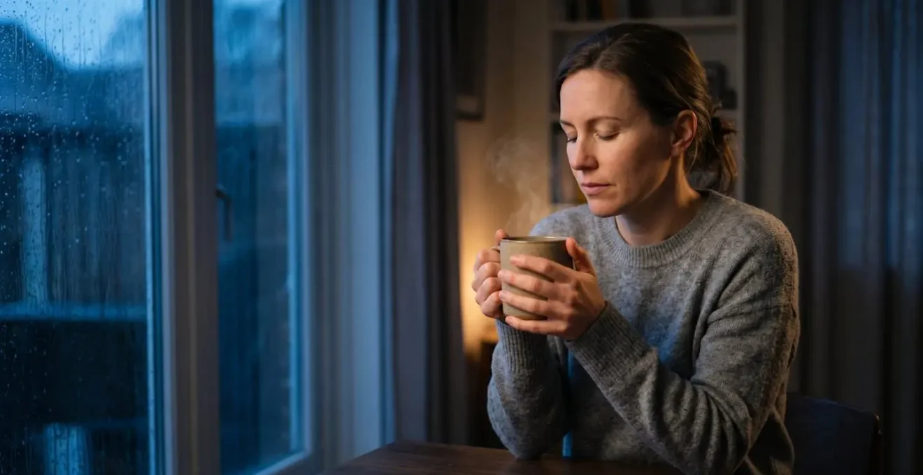 Une personne assise près d'une fenêtre, tenant une tasse chaude, dans un moment de calme malgré un contexte de vie difficile