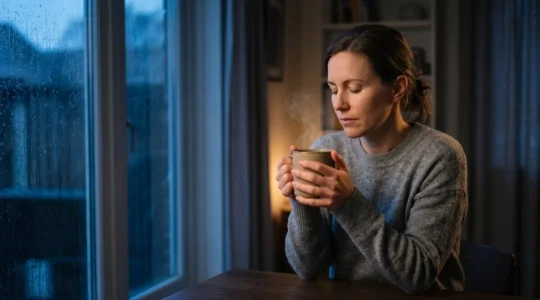 Une personne assise près d'une fenêtre, tenant une tasse chaude, dans un moment de calme malgré un contexte de vie difficile