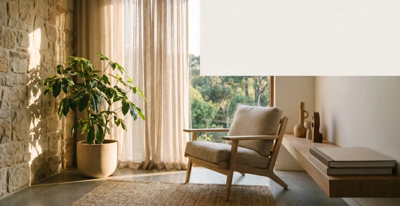 Intérieur épuré et lumineux, baigné de lumière naturelle, illustrant un lieu de vie qui ressource son occupant