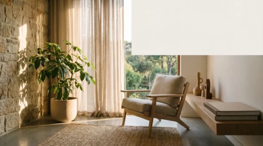 Intérieur épuré et lumineux, baigné de lumière naturelle, illustrant un lieu de vie qui ressource son occupant