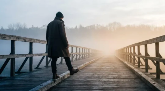 Silhouette d'une personne face à un pont suspendu dans la brume, symbolisant l'écart entre les bonnes intentions et le passage à l'action