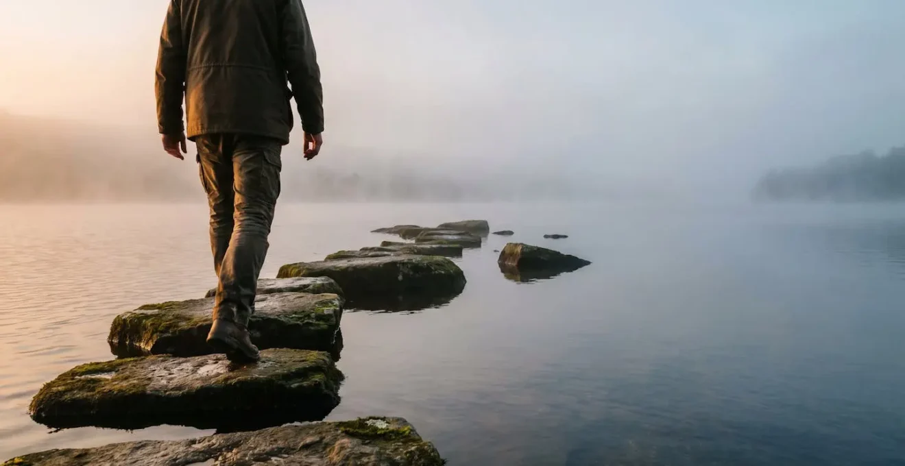 Une série de pierres de gué illuminées traversant une étendue d'eau brumeuse, symbolisant la transformation d'un objectif immense en petites étapes quotidiennes