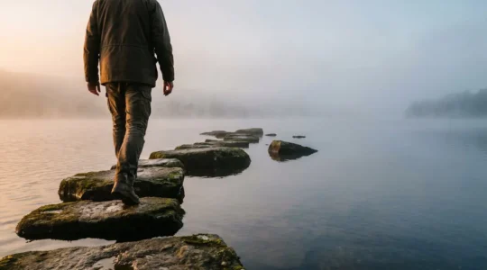 Une série de pierres de gué illuminées traversant une étendue d'eau brumeuse, symbolisant la transformation d'un objectif immense en petites étapes quotidiennes