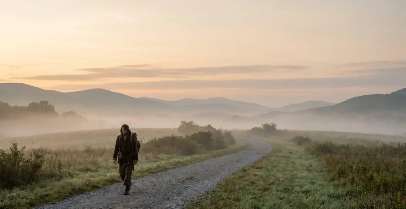 Une personne seule marchant sur un chemin long et sinueux au lever du soleil, symbolisant la perseverance sur un projet de longue duree.