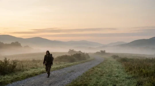 Une personne seule marchant sur un chemin long et sinueux au lever du soleil, symbolisant la perseverance sur un projet de longue duree.
