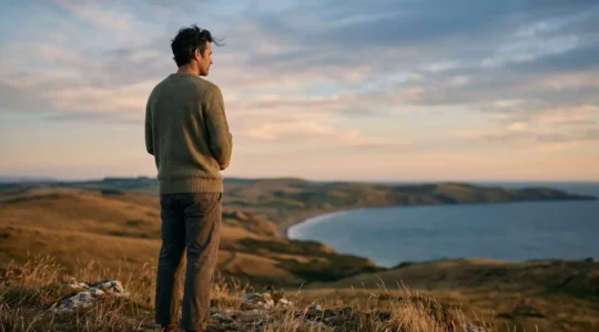 Une personne contemplant un paysage naturel au lever du jour, symbolisant la redefinition personnelle du succes loin des standards sociaux
