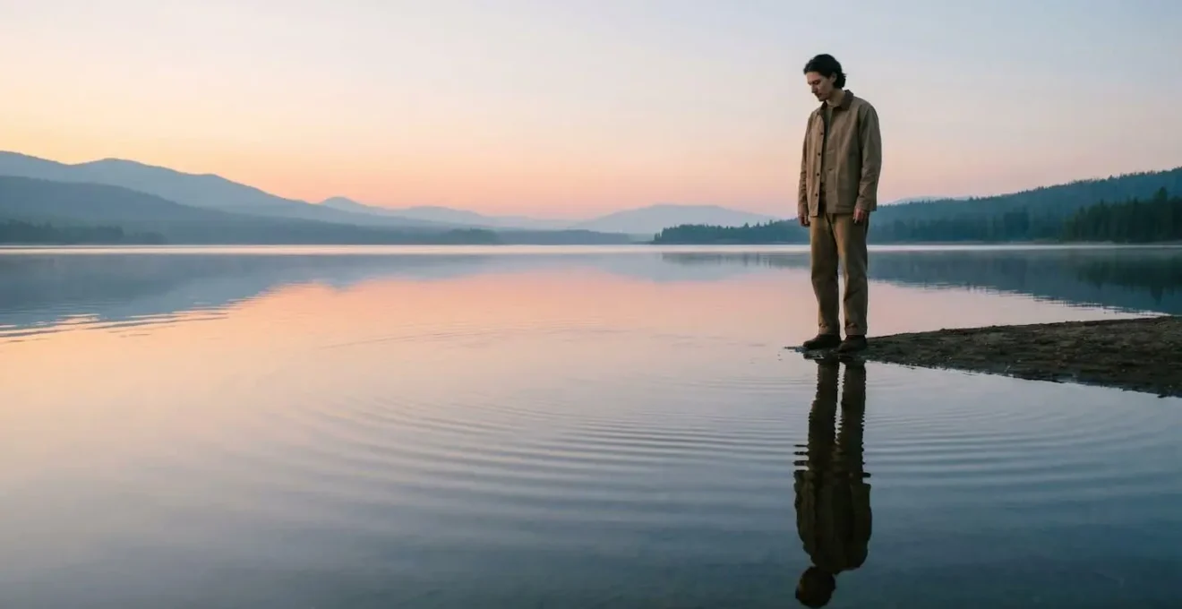 Une personne regarde son reflet legerement fragmente dans une eau calme au lever du jour, symbole de la remise en question de ses certitudes sans perdre confiance en soi.