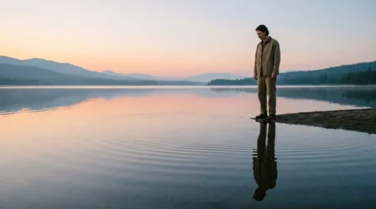 Une personne regarde son reflet legerement fragmente dans une eau calme au lever du jour, symbole de la remise en question de ses certitudes sans perdre confiance en soi.