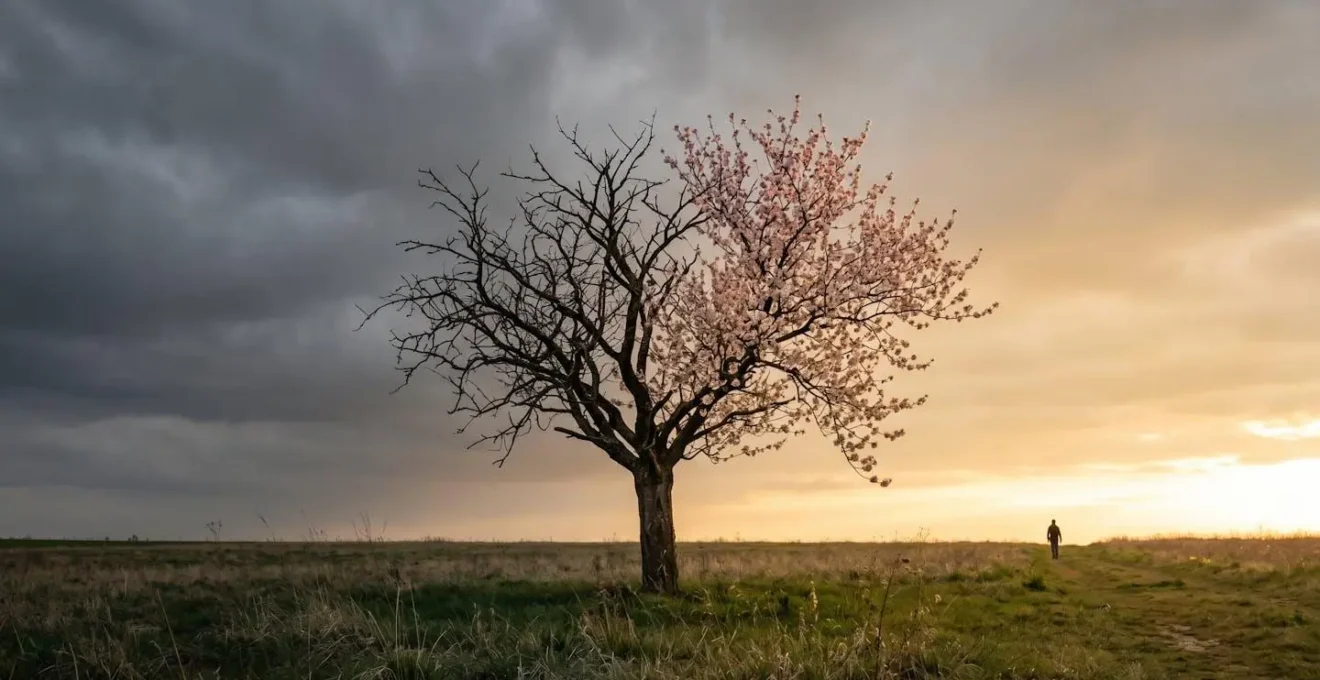 Silhouette contemplative face à un arbre mi-flétri mi-fleuri, symbolisant la reprogrammation du cerveau vers la positivité