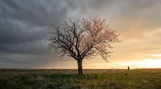 Silhouette contemplative face à un arbre mi-flétri mi-fleuri, symbolisant la reprogrammation du cerveau vers la positivité