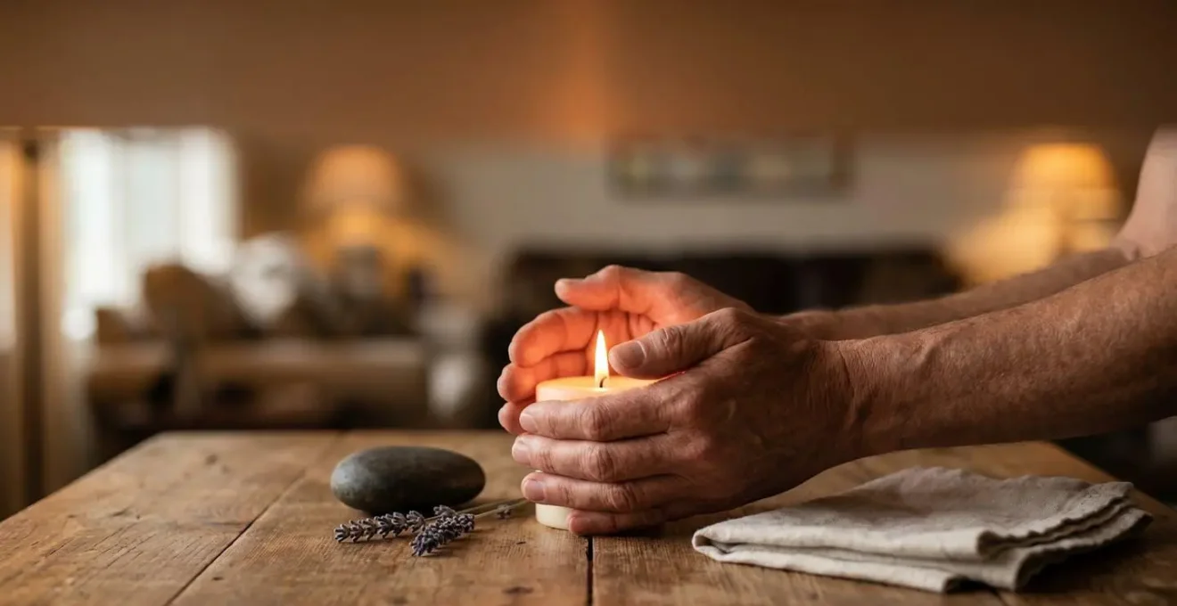 Une personne allume une bougie avec recueillement dans un intérieur épuré, symbolisant la création d'un rituel personnel pour sacraliser un moment important