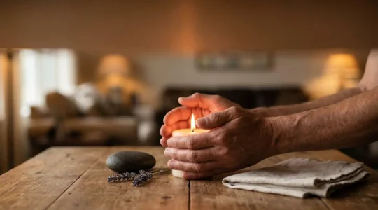 Une personne allume une bougie avec recueillement dans un intérieur épuré, symbolisant la création d'un rituel personnel pour sacraliser un moment important