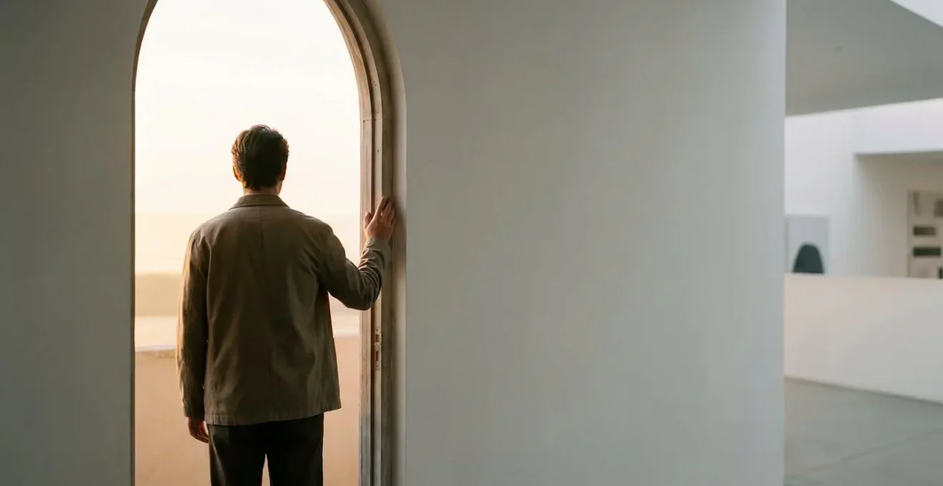 Silhouette d'une personne debout face à une porte entrouverte laissant passer la lumière, symbole de reconstruction après un licenciement ou une faillite