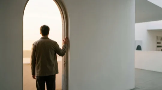Silhouette d'une personne debout face à une porte entrouverte laissant passer la lumière, symbole de reconstruction après un licenciement ou une faillite