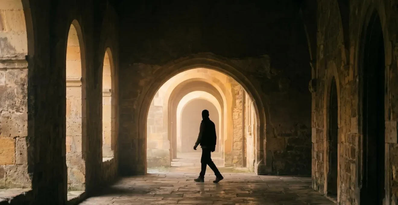 Silhouette d'une personne franchissant un seuil de lumiere symbolisant le passage entre les chapitres d'une vie pleine de sens