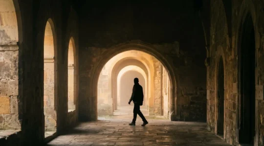 Silhouette d'une personne franchissant un seuil de lumiere symbolisant le passage entre les chapitres d'une vie pleine de sens