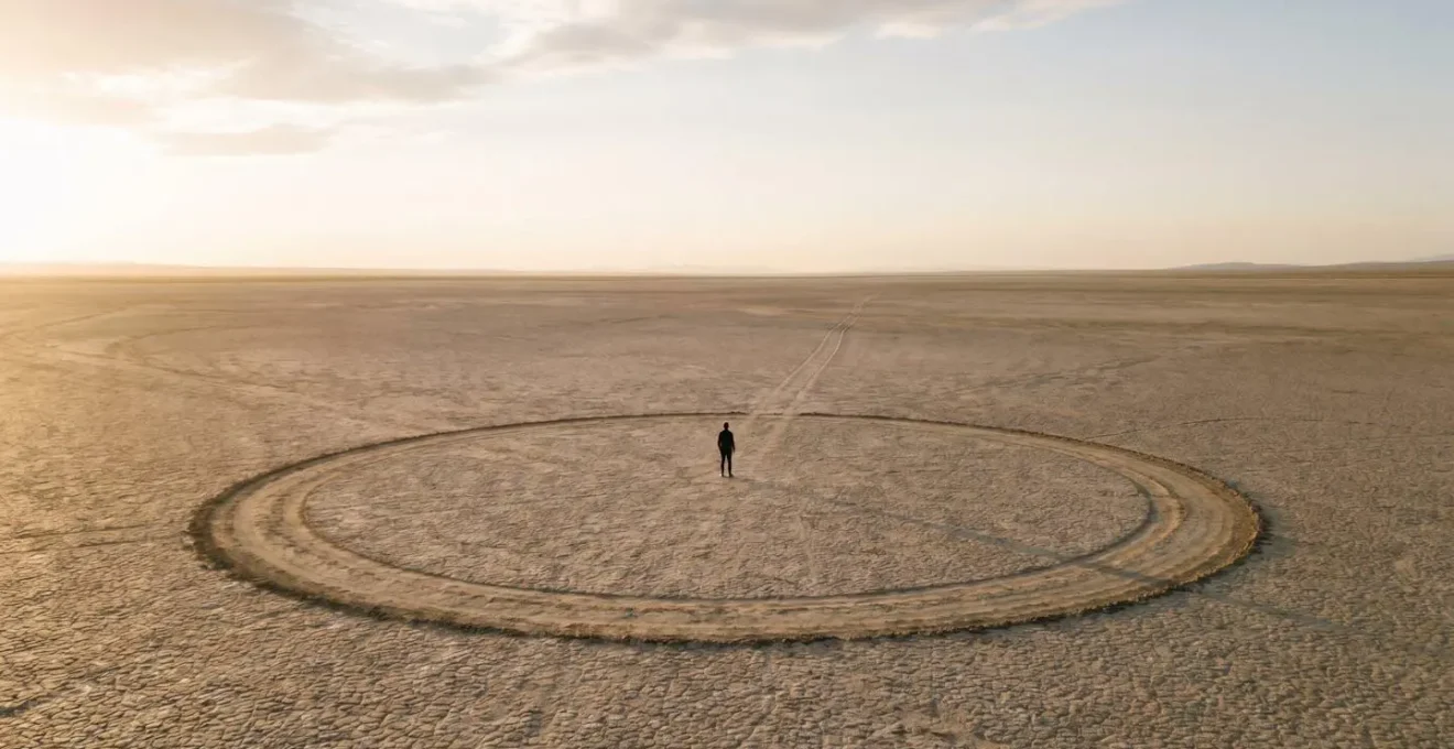 Une personne se tenant au centre d'un chemin circulaire tracé dans le sable, symbolisant deux années passées à tourner en rond sans trouver la sortie.