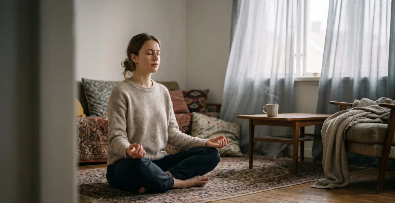 Personne assise en tailleur près d'une fenêtre, les yeux fermés, dans une lumière douce du matin, illustrant un moment de pause volée à une journée chargée