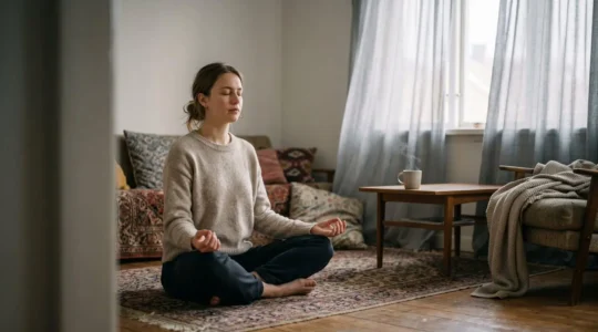 Personne assise en tailleur près d'une fenêtre, les yeux fermés, dans une lumière douce du matin, illustrant un moment de pause volée à une journée chargée