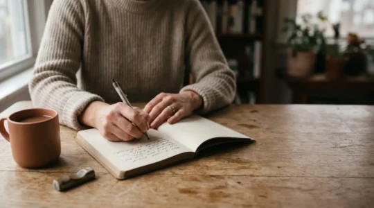 Une personne écrit à la main dans un carnet tôt le matin, dans un moment de calme et de clarté mentale retrouvée