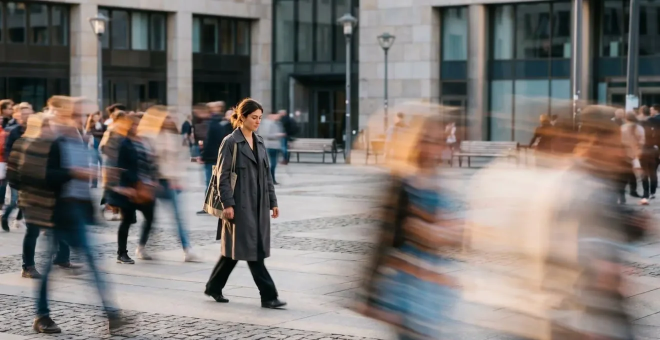 Une personne marche lentement et sereinement pendant qu'une foule floue se précipite autour d'elle, symbolisant le choix de ralentir
