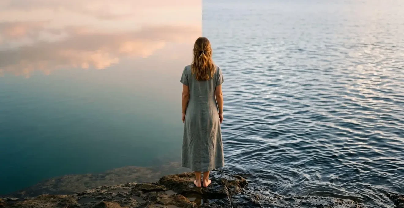 Une personne debout à la frontière symbolique entre une eau calme et une eau agitée, représentant la différence entre intuition et anxiété