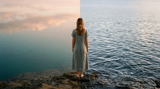 Une personne debout à la frontière symbolique entre une eau calme et une eau agitée, représentant la différence entre intuition et anxiété